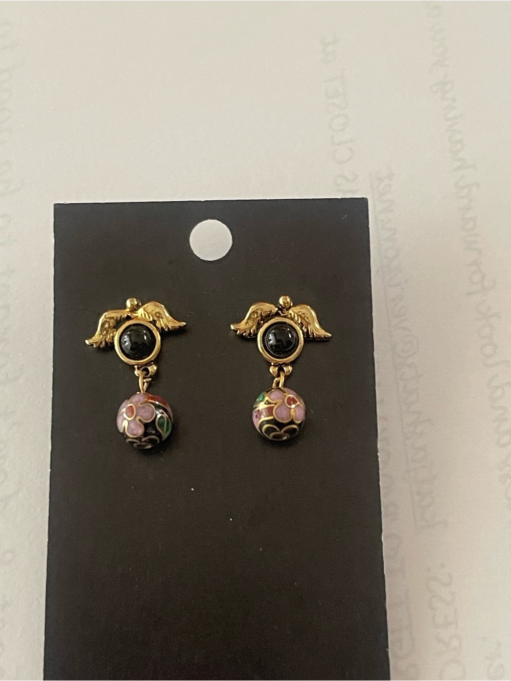 Gold Angel Wing Drop Earrings with Pink Floral Cloisonné Beads